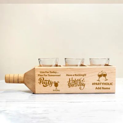 Shot Glasses with Personalized Wooden Bottle Shaped Holder for Birthday 