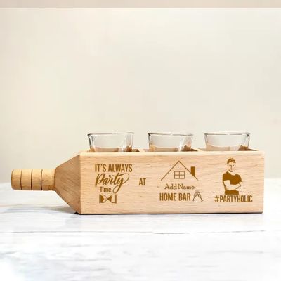 Shot Glasses with Personalized Wooden Bottle Shaped Holder for Partyholic 